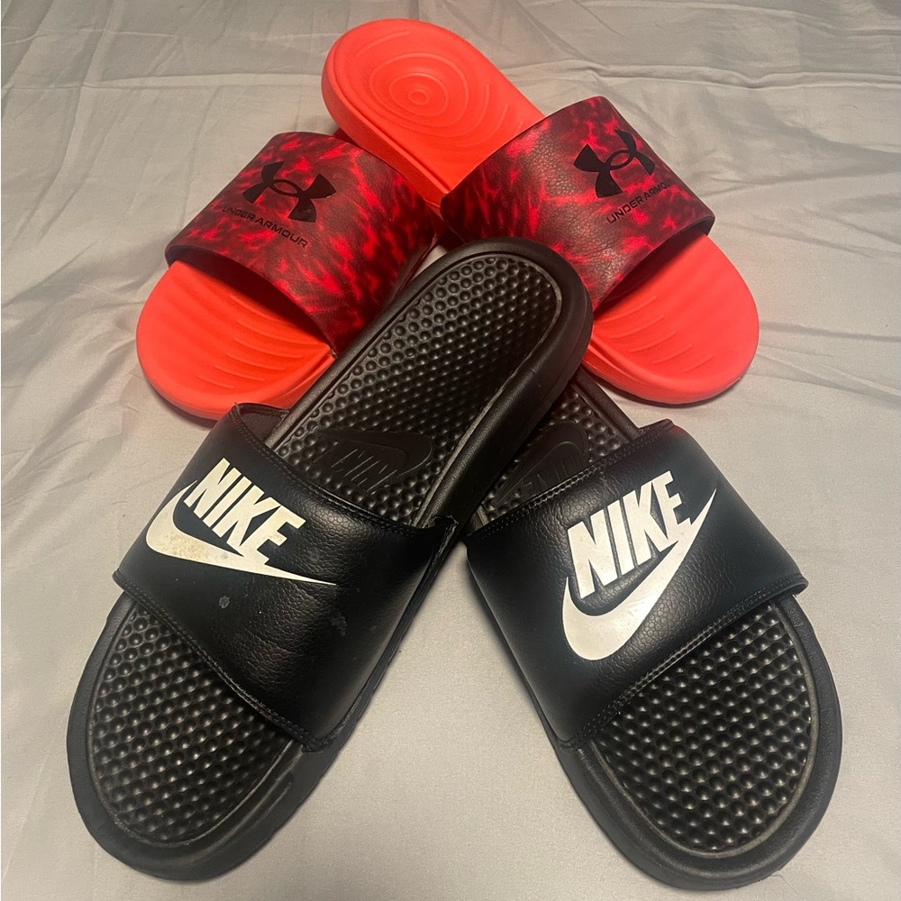 Nike Black Slides & Under Armour Red Slides Size 12
